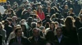 Crowd Walking people side walk street NY City backlight slow motion