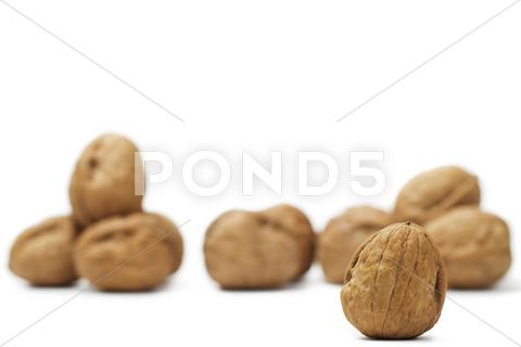 Stock photo of focus on a walnut in front of others