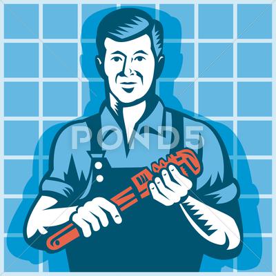 Stock Illustration of plumber worker with monkey wrench retro
