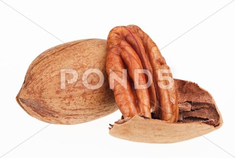 Stock photo of few pecan nuts isolated on white, one cracked