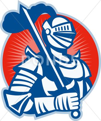 Stock Illustration of knight full armor with sword retro.