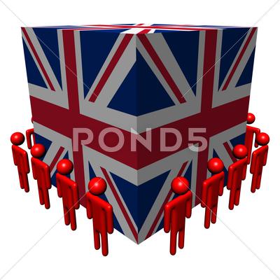 Stock Illustration of workers surrounding british flag cube illustration