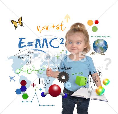 Stock photo of young math science girl genius writing