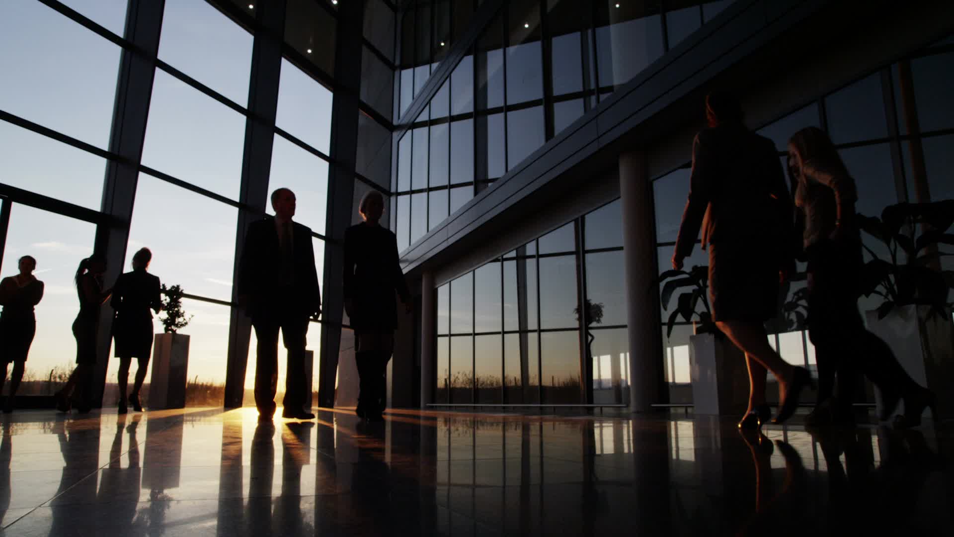 Business People Walking Through A Modern Office Building At Sunset