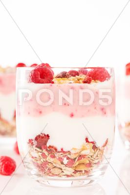Stock photo of raspberry muesli dessert