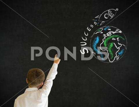 Hand Up Answer Boy Business Man With Chalk Globe And Jet World Travel