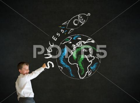 Writing Boy Business Man With Chalk Globe And Jet World Travel