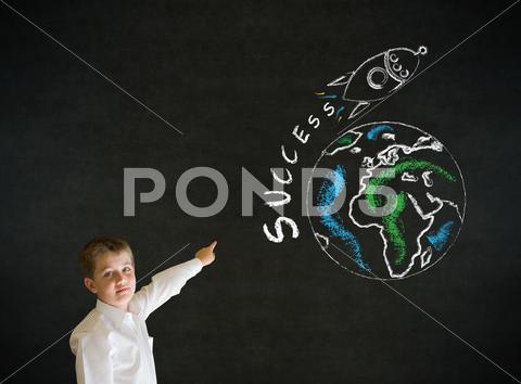 Pointing Boy Business Man With Chalk Globe And Jet World Travel