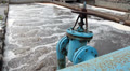 Blue pipeline with oxygen supply in water treatment plant. Video