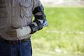Man arm in steel prosthetic brace after surgery