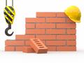under construction. brick wall, crane and hardhat. 3d