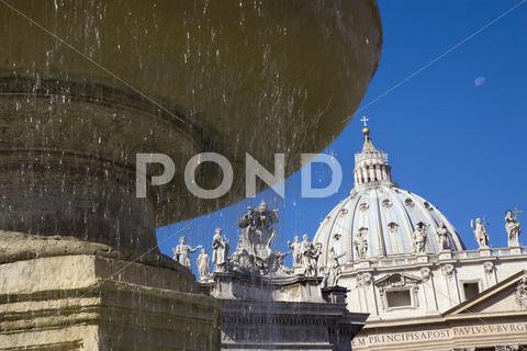 Italy, Rome, Vatican City, Basilica Of Saint Peter, Fountain In Foreground