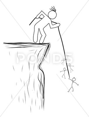 Stock Illustration of Zeichnen Person zog das Seil von der Klippe. helfen, gespeichert