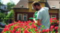 Young man watering flowers on the balcony