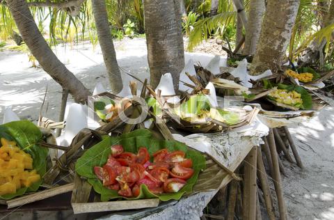 Tropical Food Served Outdoor In Aitutaki Lagoon Cook Islands