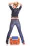 beautiful young woman blonde standing full body in jeans isolated