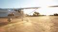 A Cessna-Type Single Engine Airplane taking off a farm airport