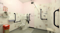Wide pan of hospital bathroom