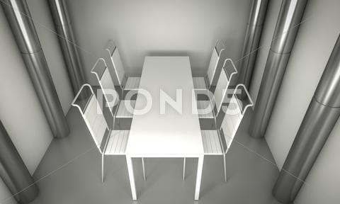 Stock Illustration of sala comedor limpio, sillas y mesa de blanco sobre el espacio limpio. columnas de plata.