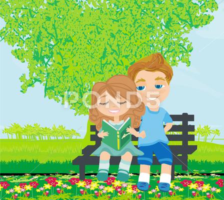 Stock Illustration of boy and girl reading book