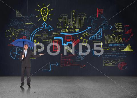 Stock Illustration of Composite image of peaceful businessman holding blue umbrella