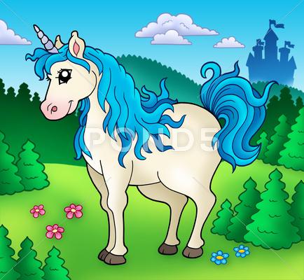 Stock photo of Cute unicorn in forest