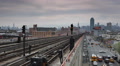 Queens New York City Skyline Subway Train Approaching Station Busy City Traffic Video