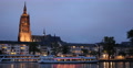 UltraHD 4K Frankfurt Cathedral Skyline Dusk Night Illuminated Evening Main River Video