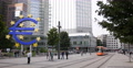 UHD 4K Modern Tram Passing German City Symbol Euro Sign Frankfurt People Walking Video