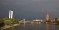 Ultra HD 4K Main River Bridge Frankfurt Skyline Establishing Shot Thunderstorm Video