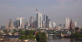 UHD 4K Frankfurt Skyline Aerial View Morning Car Passing Bridge Main River Day Video