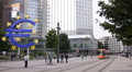 Modern Tram Passing Famous German City Symbol Euro Sign Frankfurt People Walking Video