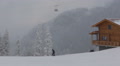 Winter Mountain Wooden Cabin Cable Car Passing Establishing Shot Skiers Resort Video