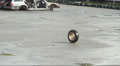 Car wheel rolling on asphalt after accident, crash. Junkyard Video