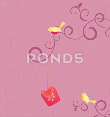 Stock Illustration of vector cartoon birds with christmas gift on pink flourishes background illust