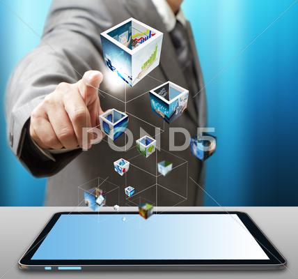 Stock Illustration of business man use tablet computer streaming images