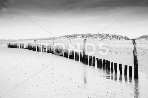 Stock photo of black and white low tide beach landscape