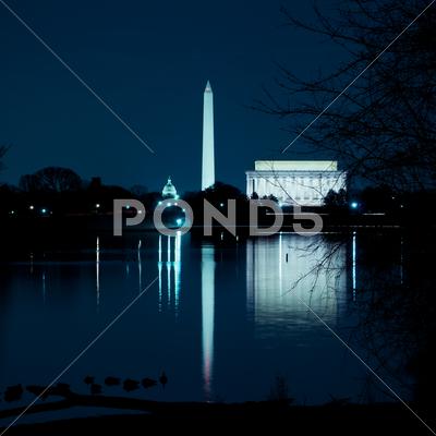 Stock photo of washington dc monuments reflecting in the potomac river