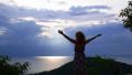 Happy Woman Enjoying Sea View at the Top of the Mountain. Video