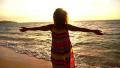 Beautiful Serene Woman Spreading Arms at Sunset. Slow Motion. Video