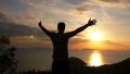 Man on Top of Mountain. Uplifting Freedom Concept. Slow Motion. Video