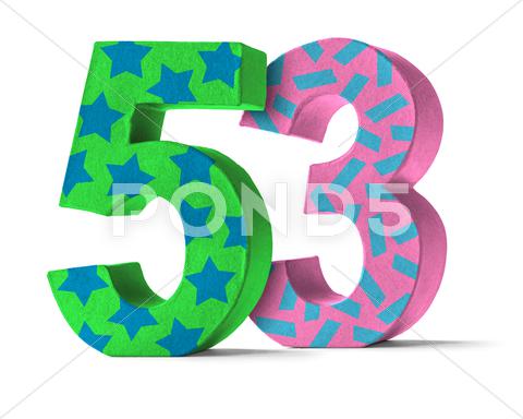 Colorful Paper Mache Number On A White Background - Number 53 Stock Photo